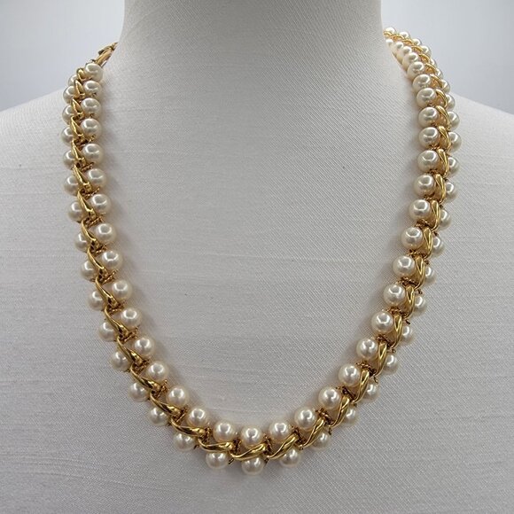 Vintage Napier Double Strand Faux Pearl Gold-tone Link Necklace - Picture 2 of 7